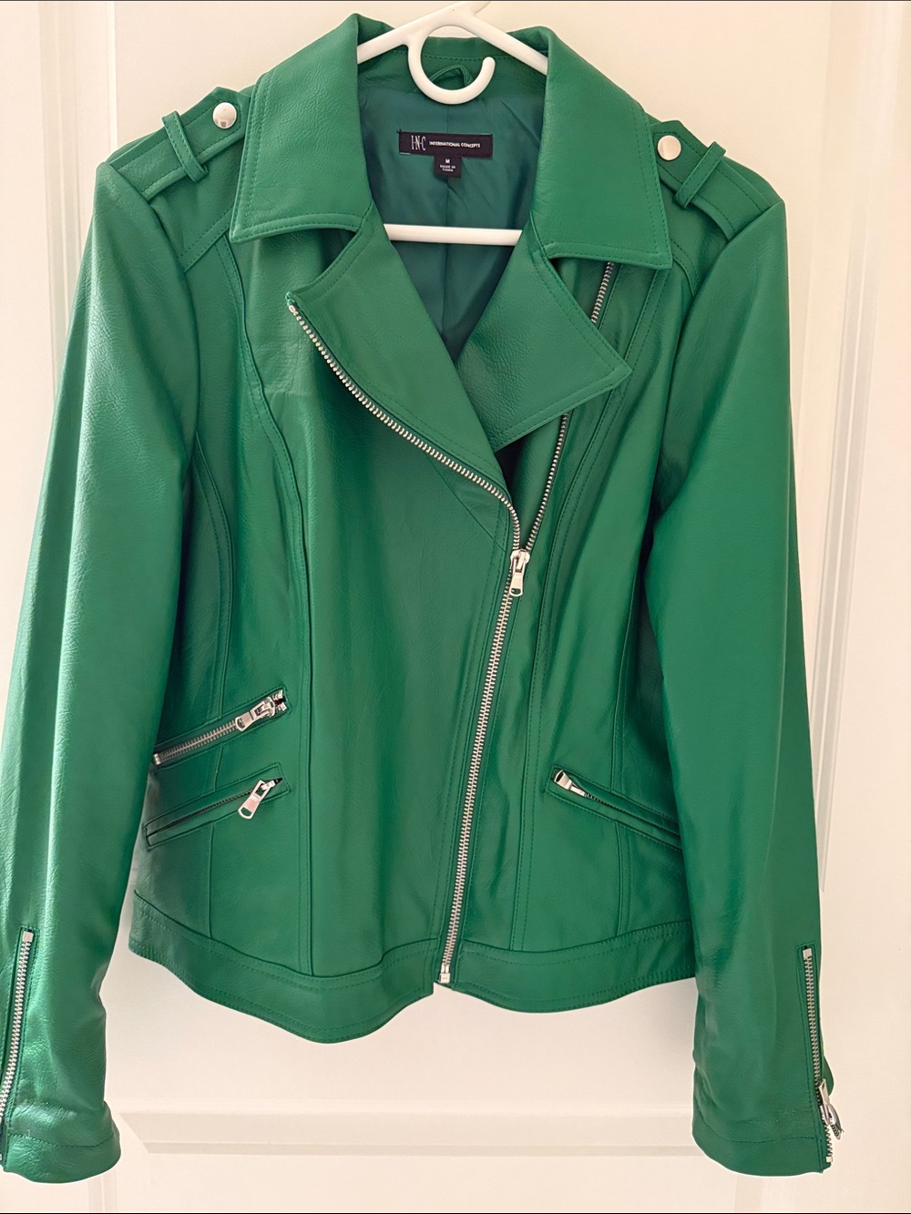 INC (International Concepts)Green Faux Leather Moto Jacket